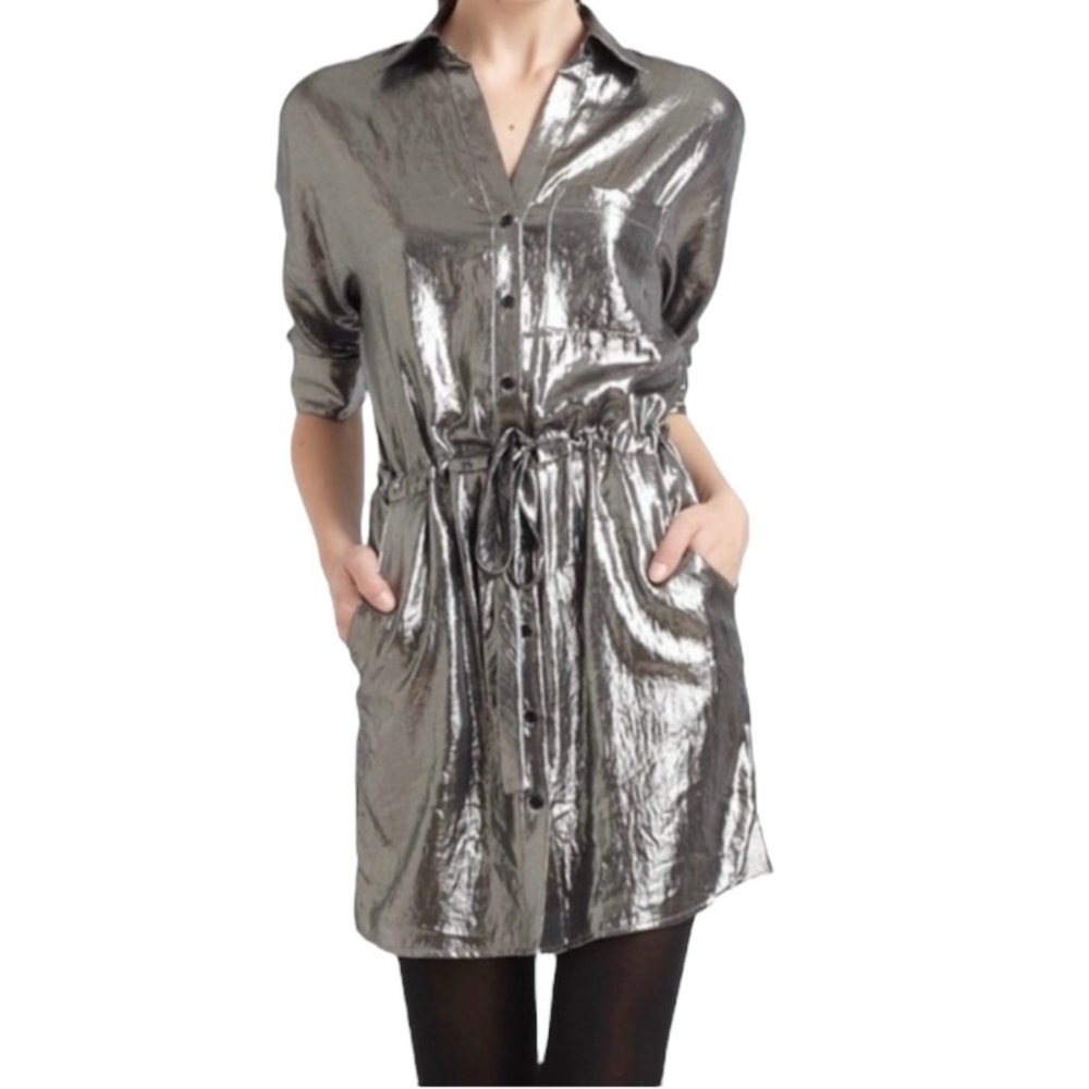BCBGMaxAzria Metallic Silver Cuffed 1/2 Sleeves Midi Shirt Dress